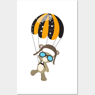 Aviator Bear, Pilot Bear, Cute Bear, Parachute Posters and Art